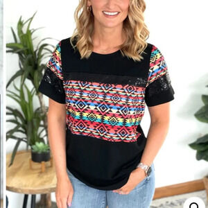 Makes Me Wonder Southwestern Black Sequin Aztec Print Multicolor Western Top *M